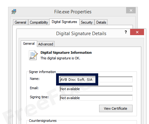 Screenshot of the AVB Disc Soft, SIA certificate